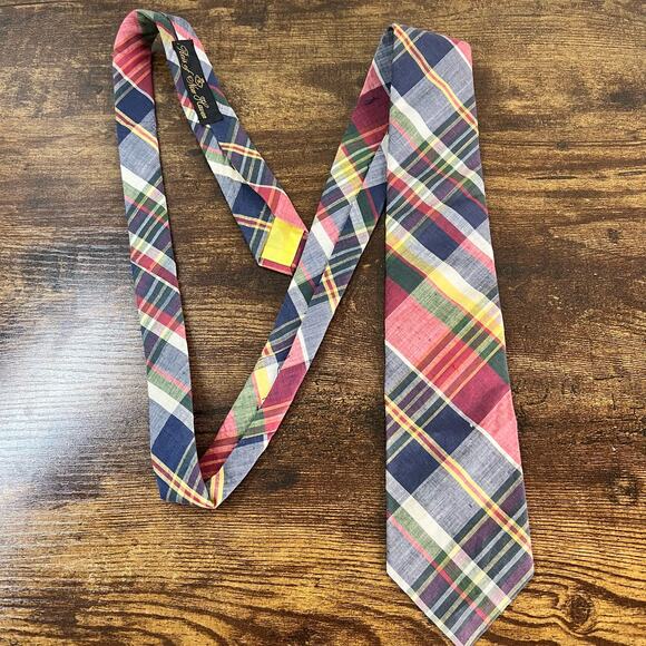 Reis of New Haven Neck Tie Mark Fore Strike Plaid Linen Cotton Holiday Work VTG - Picture 1 of 8